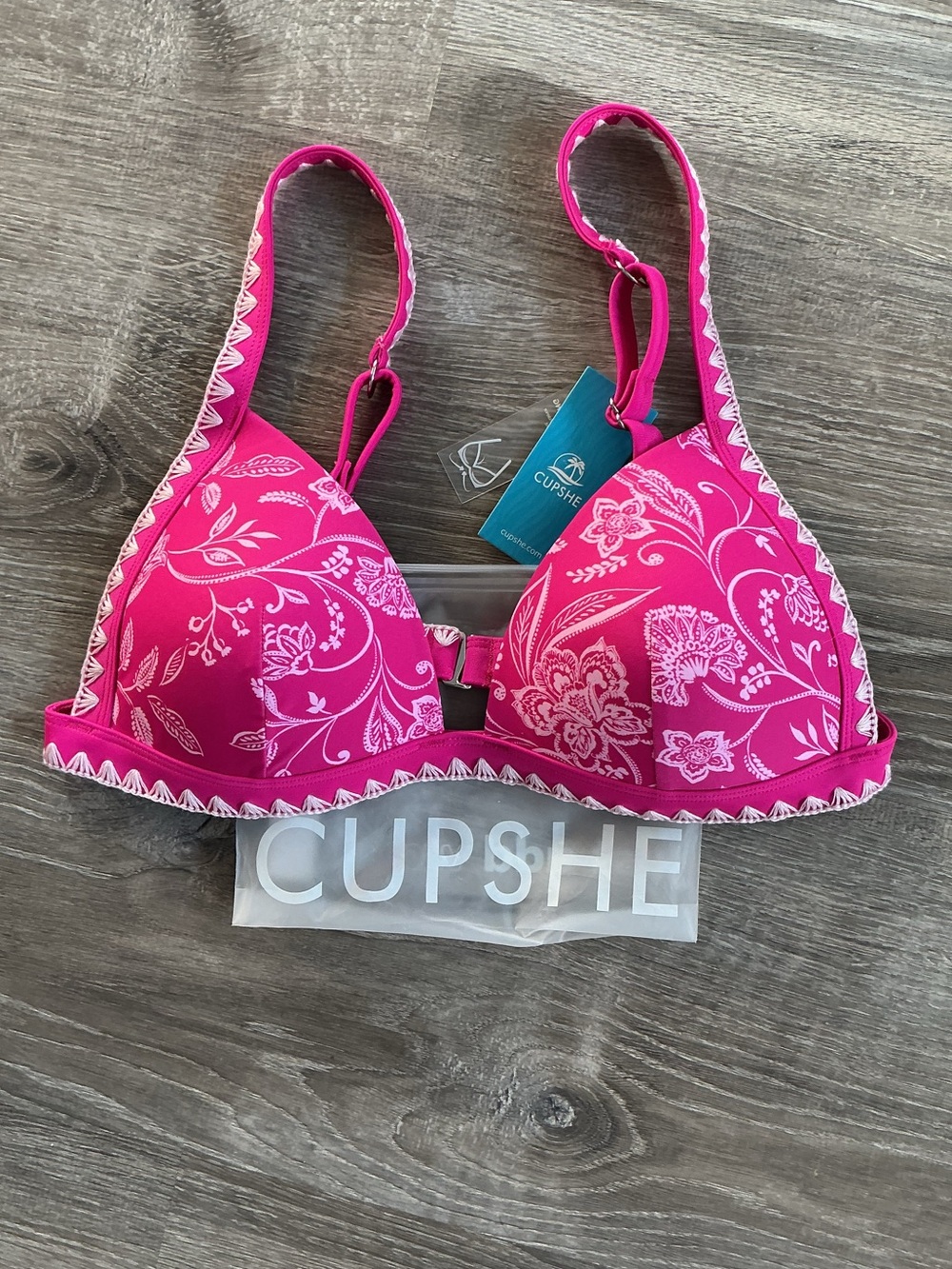 NWT Cupshe Vibrant Pink Floral Print Bikini Top with Embroidery Trim
